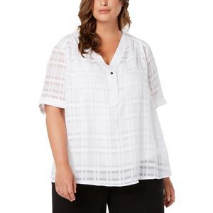 NWT Alfani White Shadow Plaid Button Down Top SZ 2X